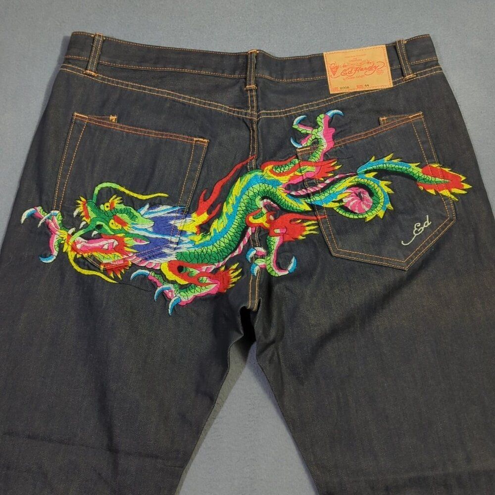 Ed Hardy By Christian Audiger Jeans Men's 44x34 Black Flying Dragon Baggy NWT